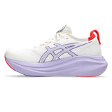 Women's ASICS Nimbus 27 Tokyo neutral daily trainers in cream and Edo purple with breathable mesh uppers and cushioned soles.