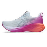 Womens ASICS Novablast 5 neutral daily trainers in sky digital and sakura pink with white and blue accents.