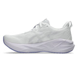 Women's ASICS Novablast 5 neutral daily trainers in white and lilac, featuring lightweight cushioning and breathable mesh upper.
