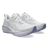 Women's ASICS Novablast 5 neutral daily trainers in white and lilac with breathable mesh upper and cushioned sole.