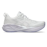 Women's ASICS Novablast 5 neutral daily trainers in white with lilac accents, featuring breathable mesh and cushioned sole.