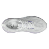 Women's ASICS Novablast 5 Wide neutral daily trainers in white and lilac, featuring lightweight design and cushioned sole.