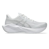 Women’s ASICS Novablast 6 neutral daily trainers in white, featuring breathable mesh uppers and cushioned midsoles.