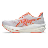 Womens ASICS Sonicblast 2 tempo trainers in white with sun coral accents, lightweight athletic shoes for running and fitness.