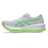 Women's ASICS Sonicblast tempo trainers in white with vital green accents, featuring breathable mesh uppers and cushioned soles.