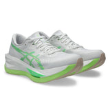 Women's ASICS Sonicblast tempo trainers in white with vital green accents, featuring lightweight mesh and cushioned sole.