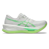 Women's ASICS Sonicblast tempo trainers in white with vital green accents, featuring breathable mesh and cushioned sole.