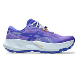 Women's ASICS Trabuco 14 trail running shoes in amethyst and cobalt, featuring rugged outsole and supportive design for outdoor running.