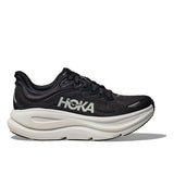 Women's Hoka Bondi 9 shoes in black and white, featuring extra wide 2E width for comfortable fit and support.