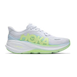 Women's Hoka Clifton Pro shoes in cosmic grey and neon yuzu, featuring breathable mesh upper and cushioned sole for running.