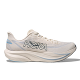 Womens Hoka Mach 7 running shoes in alabaster and soaring blue, B-width, featuring lightweight design and cushioned insoles.