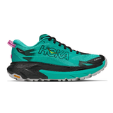 Women's Hoka Mafate 5 running shoes in black and electric aqua with B width, featuring a durable trail design.