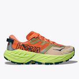 Women's Hoka Speedgoat 7 shoes in Persimmon, Neon Yuzu color, featuring durable trail running design and B-width fit.