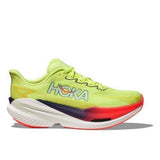 Women's Hoka Mach X 3 shoes in neon yuzu and squid ink with a sleek athletic design and lightweight running sole.
