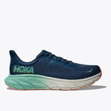 Women's Hoka Arahi 7 wide running shoes in midnight sea color, featuring supportive design and D-width for a comfortable fit.