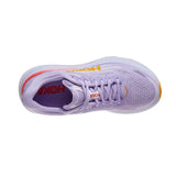 Womens Hoka Bondi 9 Wide running shoes with a blue and white flow top design, featuring cushioned soles for comfort.