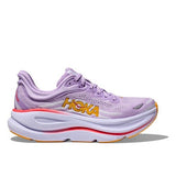Women's Hoka Bondi 9 wide running shoes in Aster Flower and Starlight Glow colors, featuring a supportive cushioned design.
