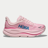 Women's Hoka Bondi 9 running shoes in Rose Tea Petal color, featuring B-width for a comfortable fit.