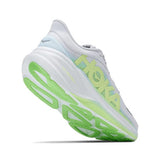 Women's Hoka Clifton Pro Wide running shoes in cosmic grey and neon yuzu, showcasing the right shoe with a comfortable D-width fit.