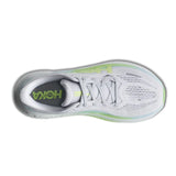 Women's Hoka Clifton Pro Wide running shoes in cosmic grey and neon yuzu with a breathable mesh top.