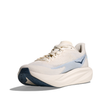 Women's Hoka Mach 7 B-width running shoes in alabaster and soaring blue, with breathable mesh uppers and cushioned soles.