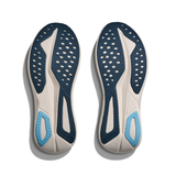 Women's Hoka Mach 7 running shoes in B-width, shown in alabaster and soaring blue with breathable mesh upper.
