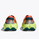 Women's Hoka Speedgoat 7 trail running shoes in persimmon and neon yuzu, featuring B-width for a comfortable fit.