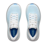 Women's Hoka Clifton 11 shoes in white with shimmering blue accents, showcasing the lightweight running shoe design and B-width fit.