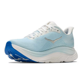 Women's Hoka Clifton 11 running shoes in white with glimmering blue accents, B-width, designed for comfort and support.