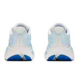Women's Hoka Clifton 11 running shoes in white with glimmering blue accents, B-width for a comfortable fit.