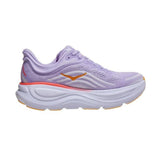 Women's Hoka Bondi 9 B-width running shoes in Aster Flow, showing the side view of the right shoe with breathable mesh and cushioned sole.
