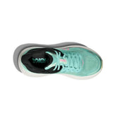 Women's Hoka Bondi 9 running shoes in blue with sparkly accents, designed for comfort and support.