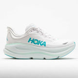 Womens Hoka Bondi 9 running shoes in frost and cielo blue with B-width, featuring lightweight cushioning and supportive design.