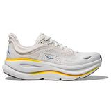 Women's Hoka Bondi 9 running shoes in white and grout with a B-width, featuring a cushioned midsole and supportive design.