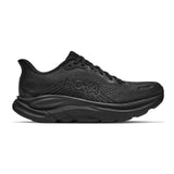 Black women's Hoka Clifton 11 shoes with B-width, featuring a sleek design and cushioned sole for comfort and support.