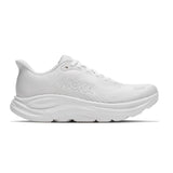 Women's Hoka Clifton 11 running shoes in white with B-width, featuring lightweight design and cushioned sole for comfort.