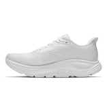 Women's Hoka Clifton 11 running shoes in white, B-width, featuring lightweight design and cushioned sole for comfortable fit.