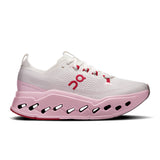 Women's On Cloudsurfer Max road running shoes in white with blue accents, showcasing cushioned midsole and breathable mesh upper.
