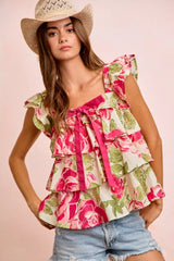 Trendsi BiBi floral print woven bow tie ruffle square neck top with long sleeves and feminine floral pattern.