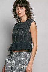 Polished Trendsi POL round neck lace sleeveless top with double gauze ruffle, perfect for a chic, feminine look.
