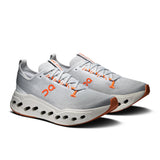Men's On Cloudsurfer Max shoes in Glacier and Flame colorway, featuring lightweight running shoe design with cushioning and traction