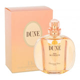 Christian Dior Dune Eau de Toilette women's perfume bottle, 3.4 fl oz (100ml), with elegant packaging and floral design.