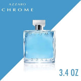 Chrome Azzaro men's cologne by Azzaro in 3.3oz bottle, Eau De Toilette spray, with sleek chrome design and brand label.