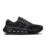 Men's On Cloudrunner 3 road running shoes in black and gray, featuring breathable mesh uppers and cushioned soles.