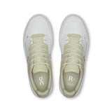 On THE ROGER Clubhouse men's tennis shoes in white and blue with cushioned soles and breathable mesh uppers.