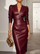 V-Neck Puff Sleeve Midi Dress by Trendsi, featuring a flowy silhouette, V-neckline, and puffed sleeves, perfect for stylish occasions.
