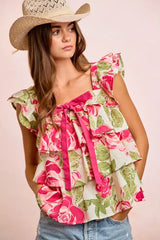 Trendsi BiBi floral print woven bow tie ruffle square neck top, showcasing the feminine floral design and stylish neckline.