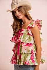 BiBi floral print woven bow tie ruffle square neck top by Trendsi, featuring a feminine design with bow accents and ruffle details.