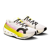 Women's On Cloudboom Max road running shoes with a sleek black and white design, featuring cushioned soles for enhanced comfort.