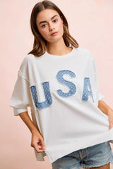 Blue French terry top with USA letter patchwork for 4th of July, stylish casual wear from Trendsi.